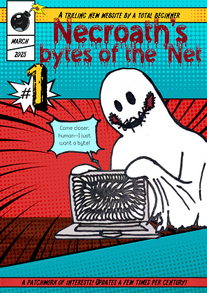 A mock comic book cover featuring a bedsheet ghost holding up a laptop that has a mouth full of monster teeth instead of a screen