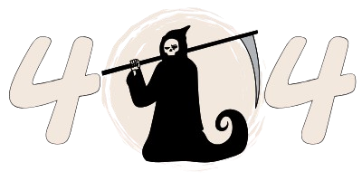 404 with the grim reaper standing in front of the 0