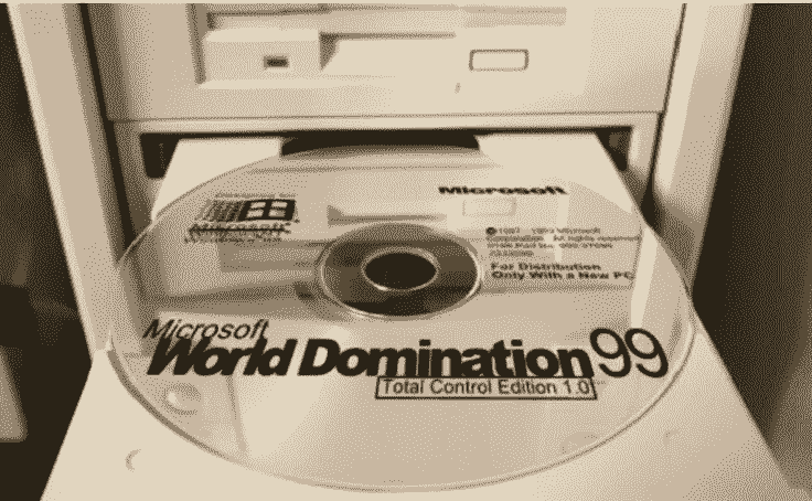 CD-ROOM labeled Windows Microsoft 99 World Domination