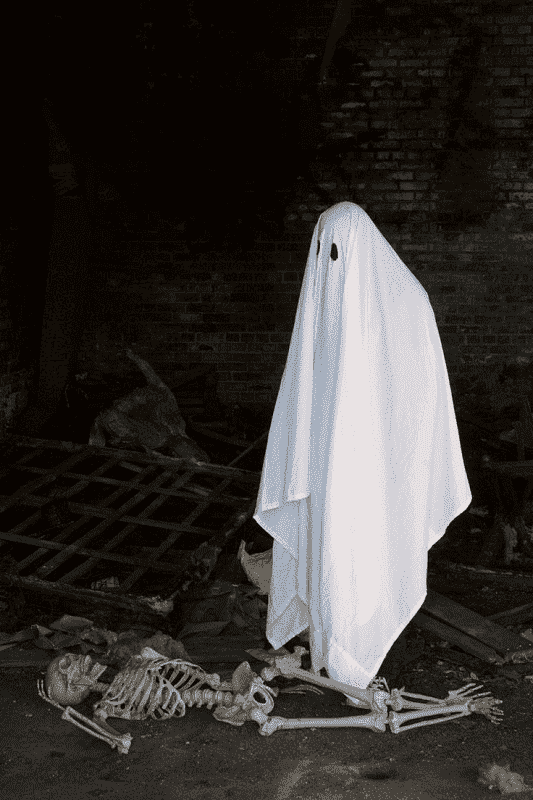 Bedsheet ghost looking at a skeleton