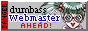 A rectangular button with the words with the words 'DANGER! Dumbass Webmaster ahead!' next to an illustration of a green-haired anime girl with big, round glasses.