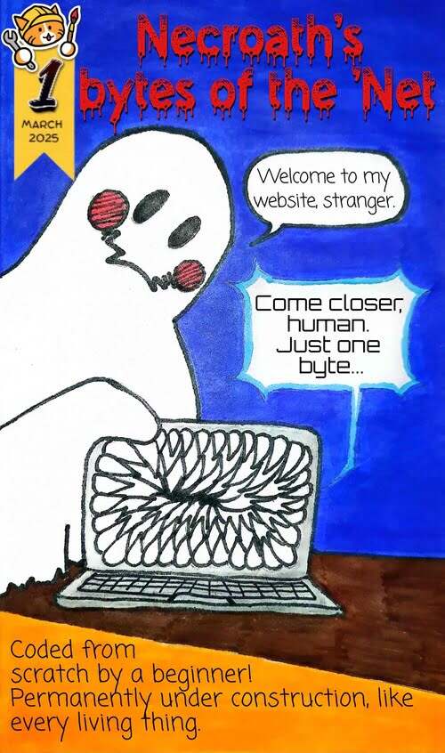 A mock comic book cover featuring a bedsheet ghost holding up a laptop that has a mouth full of monster teeth instead of a screen. Ghost’s speech bubble reads: 'Welcome to my website, stranger' and laptop’s speech bubble reads: 'Come closer, human. Just one byte...'