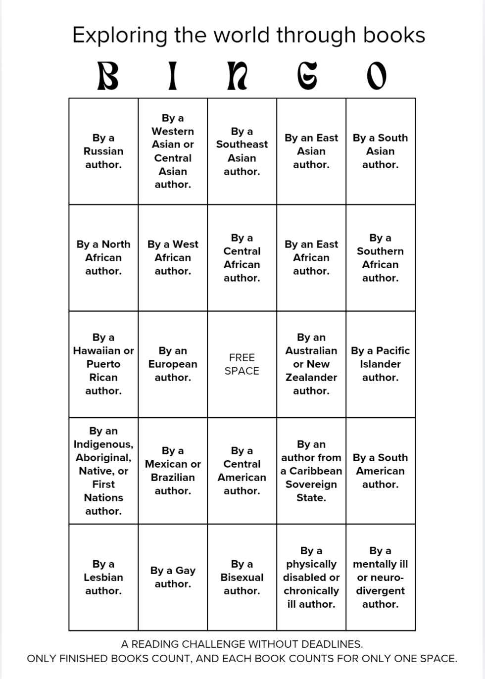 A black and white version of the Exploring the World Through Books Bingo for easier printing