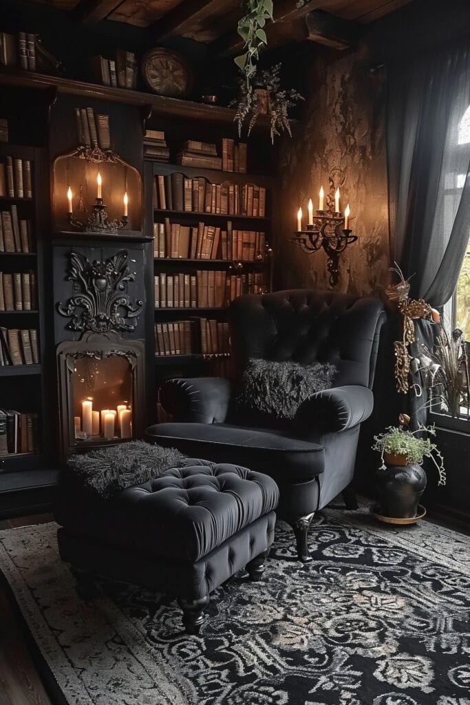 A gothic-inspired home library.